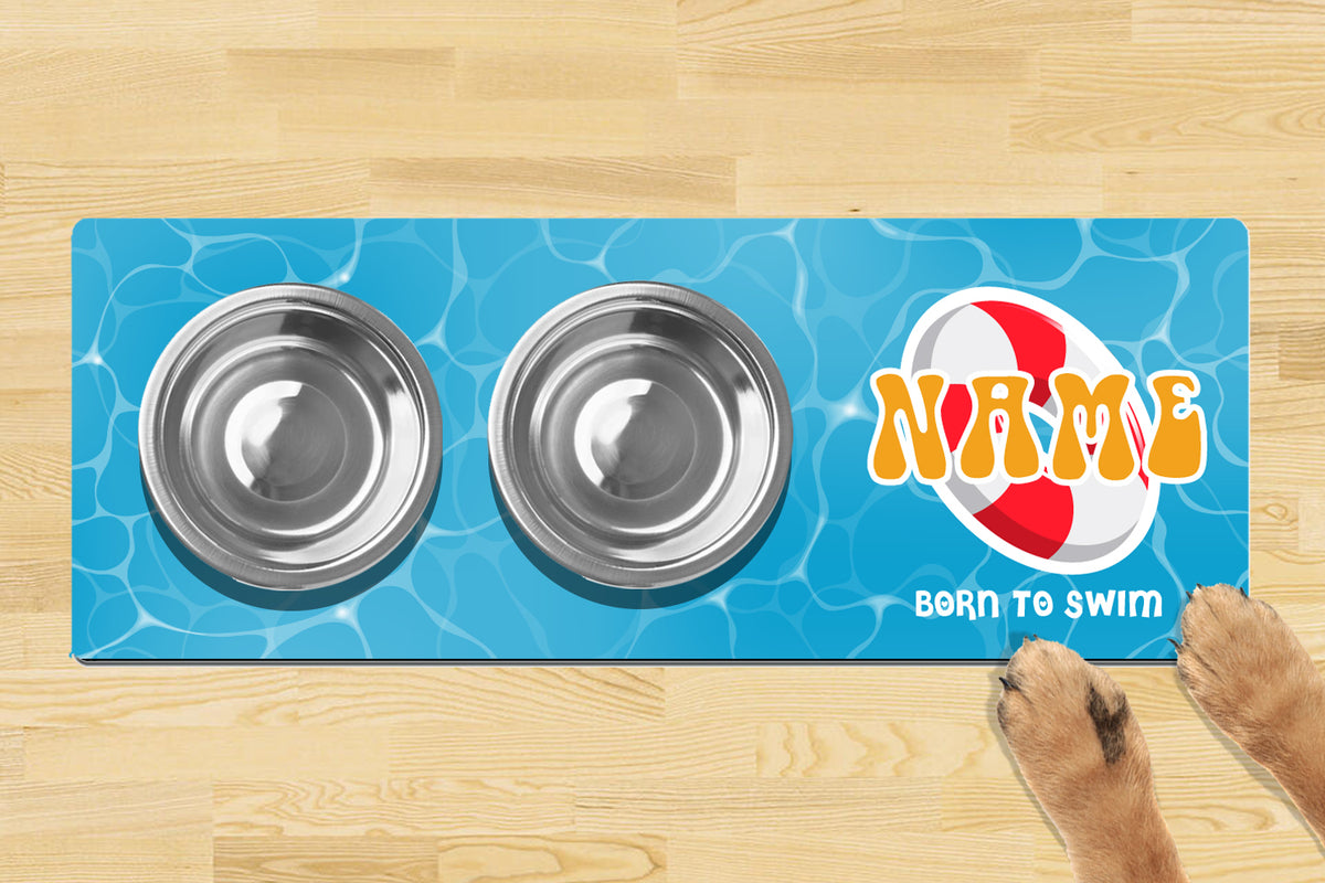 Personalised Dog Bowl Mat 880mm x 300mm2 Bowl Design - Born To Swim