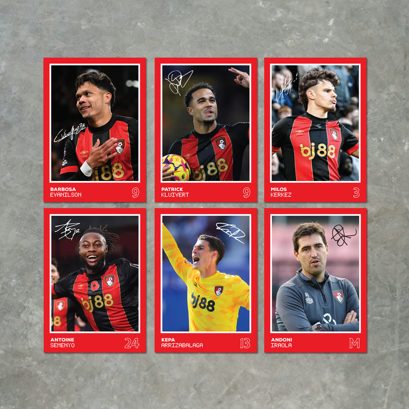 Bournemouth Players SIGNED A6 Poster Pack 2 - 6 Autographed Poster Print Cards (Evanilson, Semenyo, Kluivert, Kerkez, Kepa, Iraola)