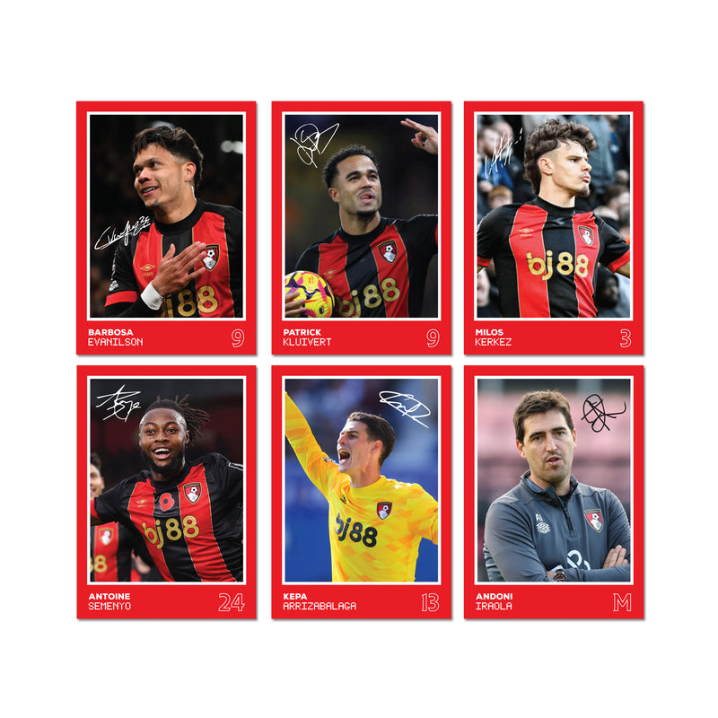 Bournemouth Players SIGNED A6 Poster Pack 2 - 6 Autographed Poster Print Cards (Evanilson, Semenyo, Kluivert, Kerkez, Kepa, Iraola)