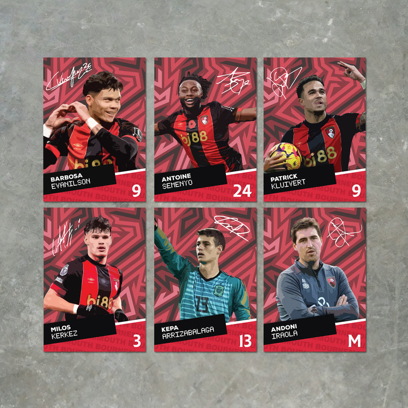 Bournemouth Players SIGNED A6 Poster Pack - 6 Autographed Poster Print Cards (Evanilson, Semenyo, Kluivert, Kerkez, Kepa, Iraola)