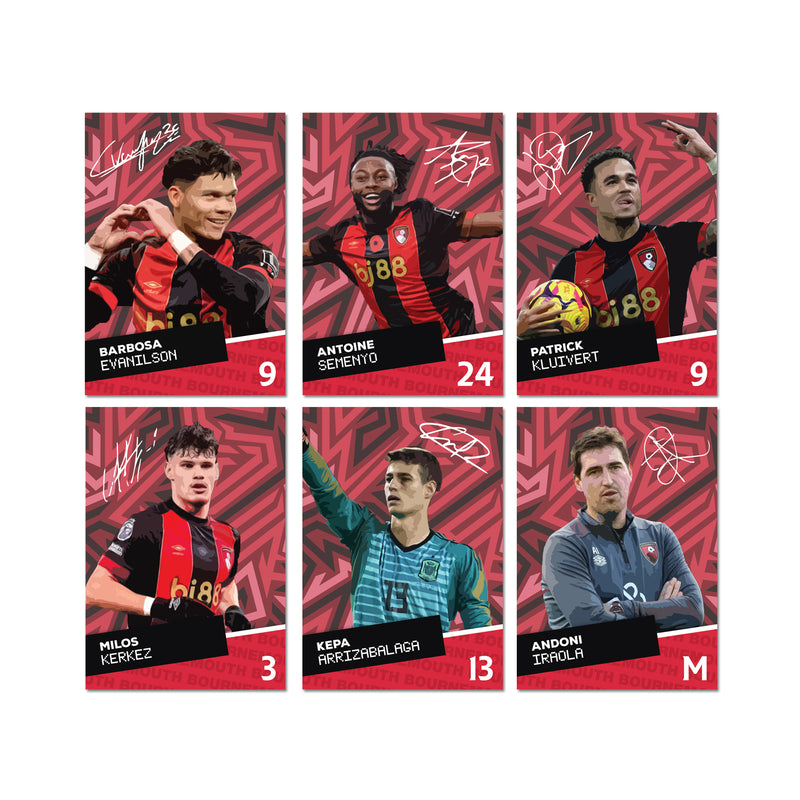 Bournemouth Players SIGNED A6 Poster Pack - 6 Autographed Poster Print Cards (Evanilson, Semenyo, Kluivert, Kerkez, Kepa, Iraola)