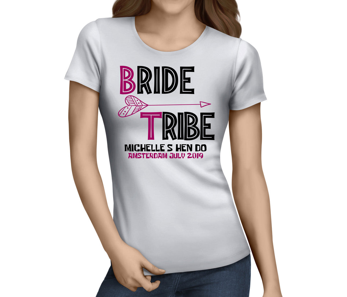 Personalised Bride Tribe Hen Party T-Shirt – Bride tribe hen party t-shirt printed in full colour on a white tee