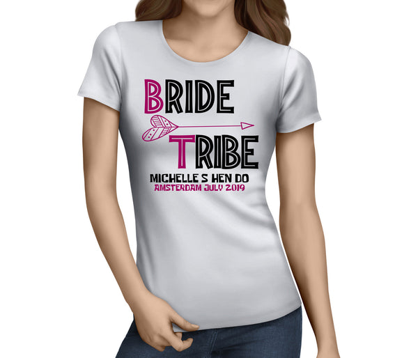 Bride tribe hen party t-shirt printed in full colour on a white tee