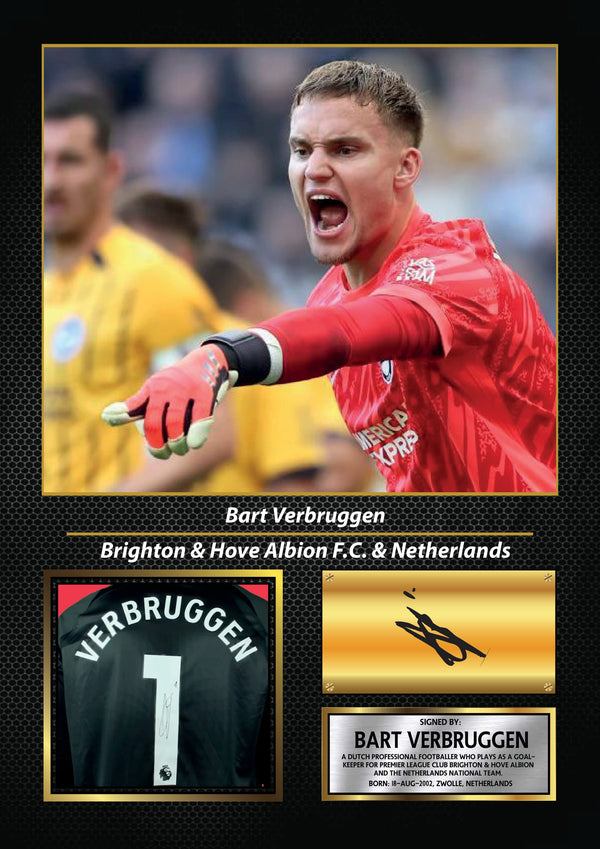 Bart Verbruggen Printed Signature Poster – Brighton & Hove Albion FC & Netherlands Goalkeeper Tribute Wall Art with Jersey