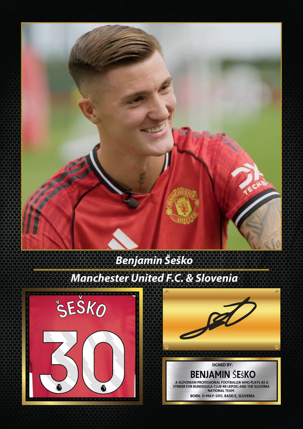 Benjamin Šeško Printed Signature Poster – Manchester United Tribute Wall Art with Jersey & Bio Plaque