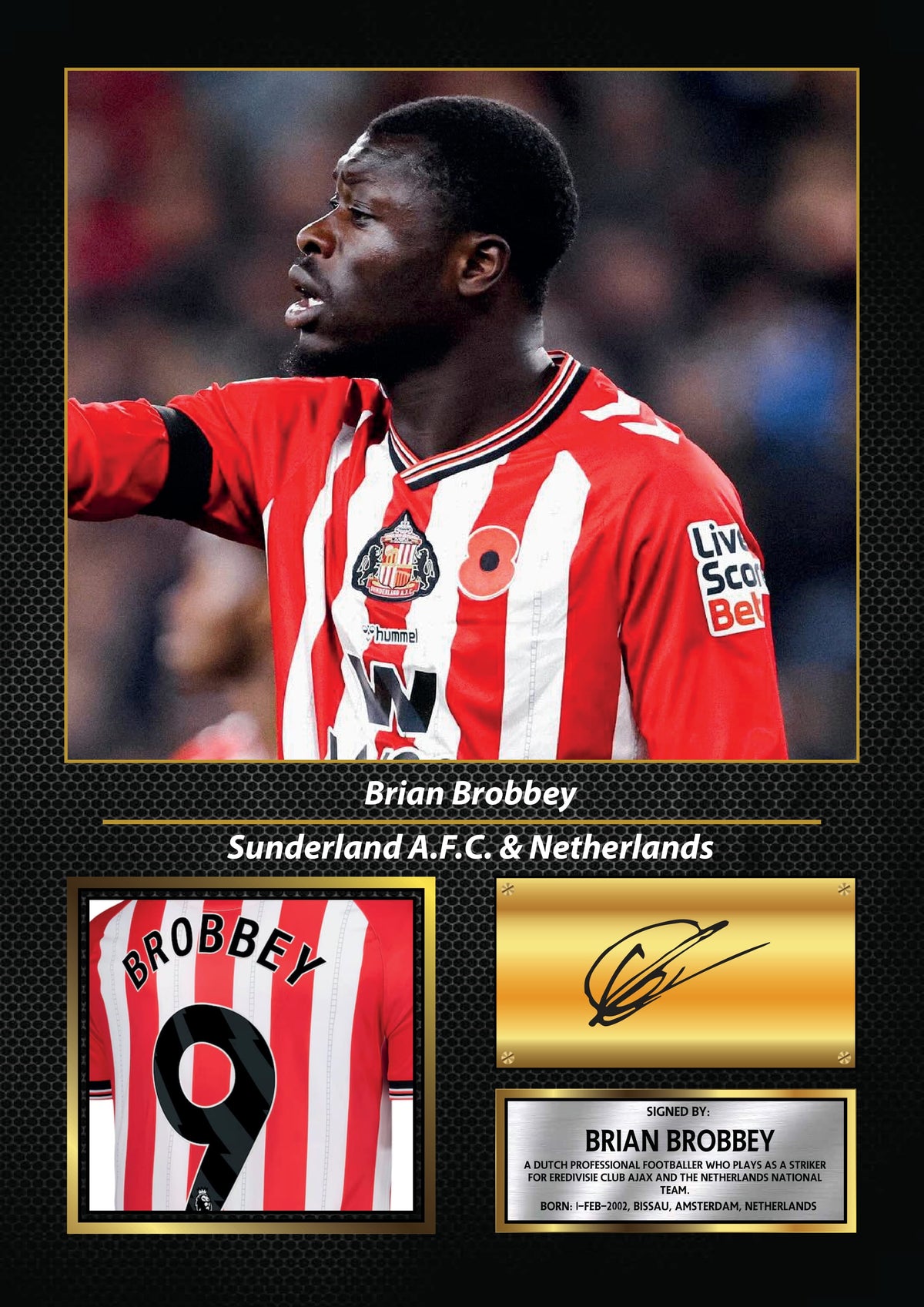 Brian Brobbey Printed Signature Poster – Ajax & Netherlands Striker Tribute Wall Art with Jersey & Bio Plaque – Brian Brobbey Printed Signature Poster