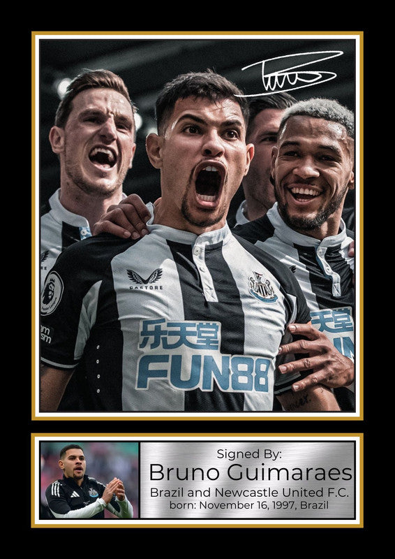 Bruno Guimarães Printed Signature Portrait Poster Print – Brazil & Newcastle United F.C. Star – Football Wall Art for Fans & Collectors
