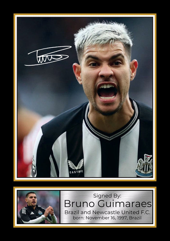 Bruno Guimarães Printed Signature Portrait Poster Print – Brazil & Newcastle United F.C. Football Star Wall Art – Reproduction Print
