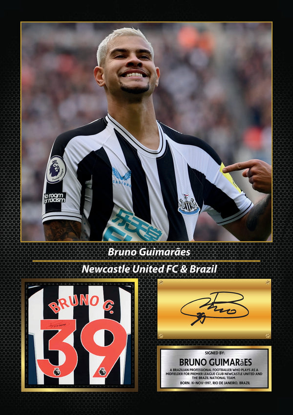 Bruno Guimarães Printed Signature Poster – Newcastle United & Brazil Midfielder Tribute Wall Art with Jersey & Bio Plaque