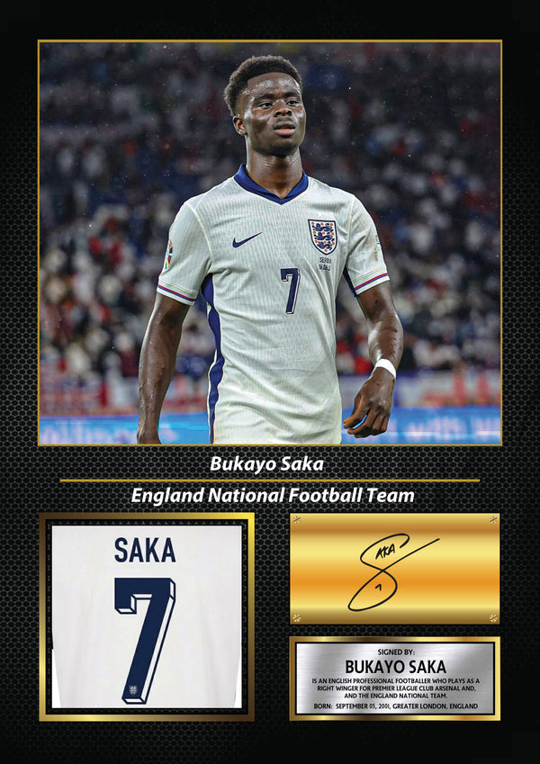 Bukayo Saka England Printed Signature Poster Print – England National Football Team Wall Art – Bukayo Saka Signature Style Football Poster – Reproduction Print