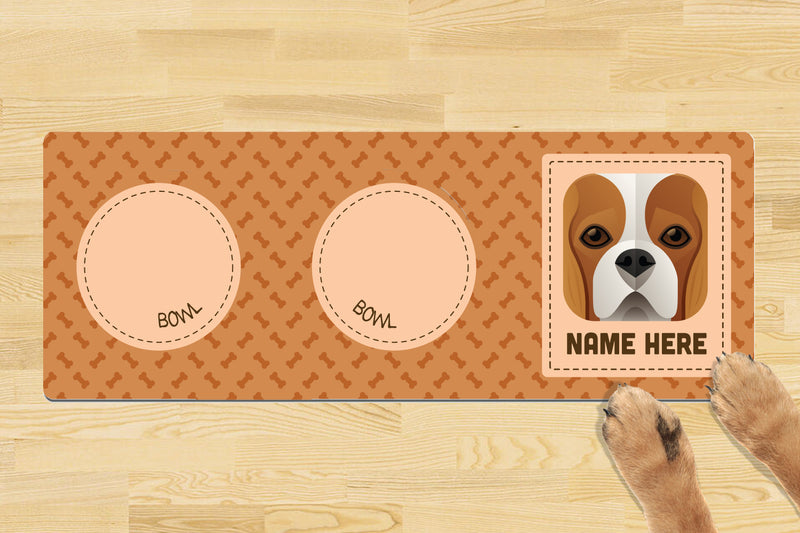 Personalised Dog Breed Dog Bowl Mat (880mm x 300mm)(2 Bowl Design) - KING CHARLES SPANIEL