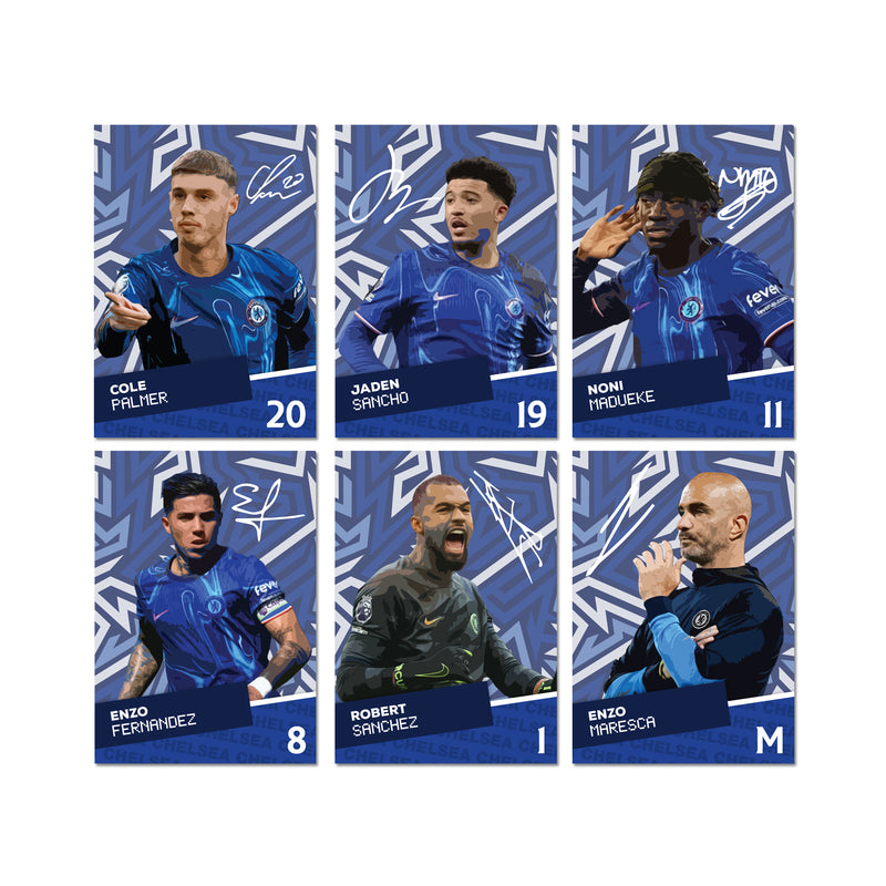 Chelsea Players SIGNED A6 Poster Pack - 6 Autographed Poster Print Cards (Palmer, Sancho, Madueke, Fernandez, Sanchez, Maresca)