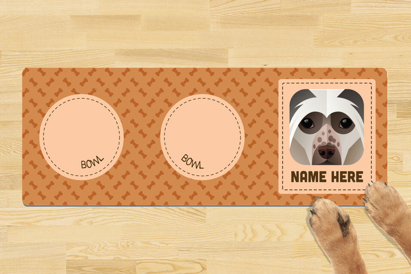 Personalised Dog Breed Dog Bowl Mat (880mm x 300mm)(2 Bowl Design) - CHINESE CRESTED DOG