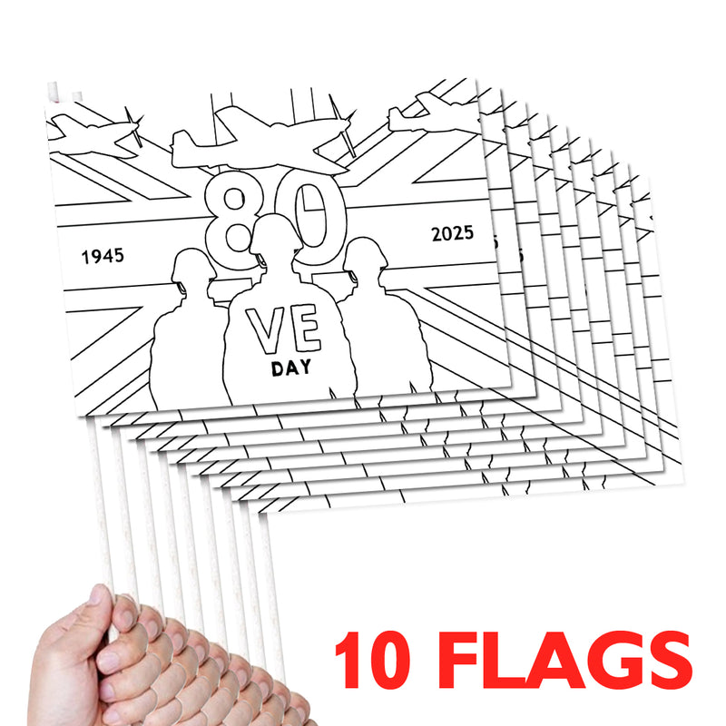 VE Day 80th Anniversary COLOUR IT YOURSELF Handwaving Flags (Pack of 10) - Special Edition