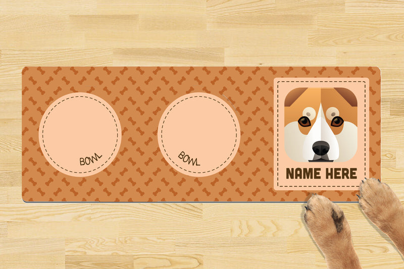 Personalised Dog Breed Dog Bowl Mat (880mm x 300mm)(2 Bowl Design) - CORGI