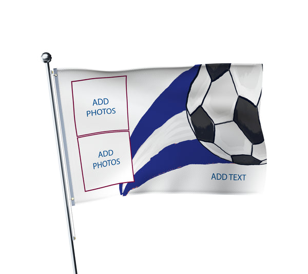 Personalised Chelsea football flag in blue and white, printed with custom wording