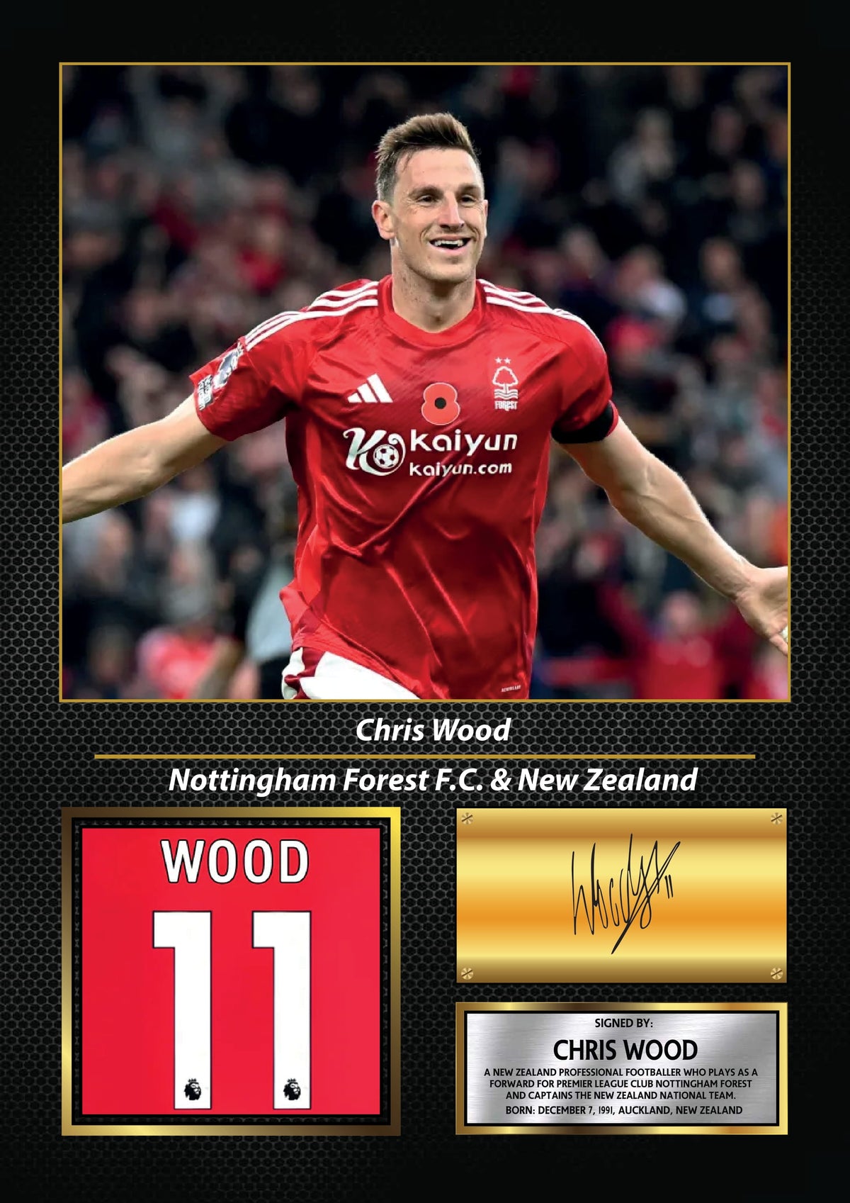 Chris Wood Printed Signature Football Wall Art – Framed Display with Nottingham Forest & New Zealand Tribute – Chris Wood Printed Signature Football Wall Art