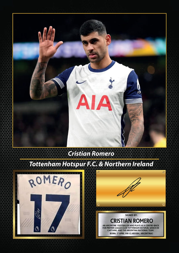 Cristian Romero Printed Signature Football Wall Art – Framed Display with Tottenham Hotspur & Argentina Tribute – Collector’s Gift