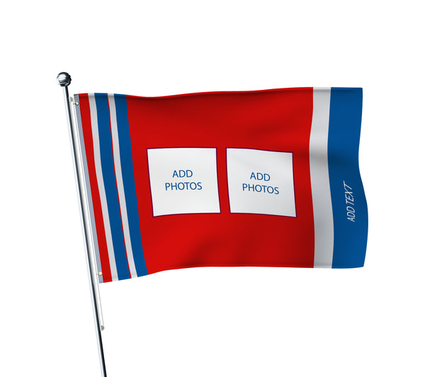 Personalised Crystal Palace football flag in red and blue, printed with custom wording