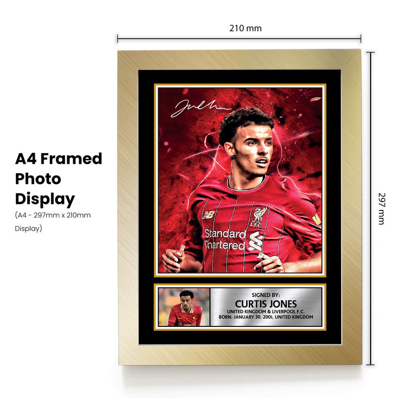 Curtis Jones Signed Autographed Photo Poster – Liverpool F.C. Collectible Print with Signature & Plaque – Premier League Memorabilia for Reds Fans – Tribute to Midfield Maestro