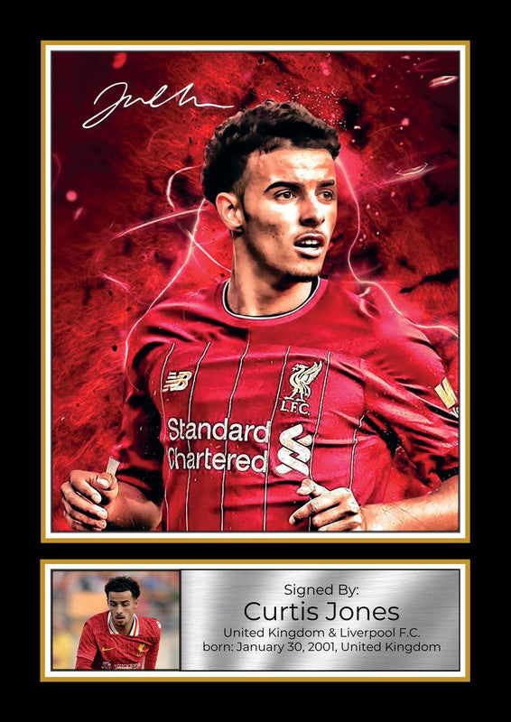 Curtis Jones Printed Signature Photo Poster – Liverpool F.C. Print with Signature & Plaque – Premier League Wall Art for Reds Fans – Curtis Jones Printed Signature Photo Poster