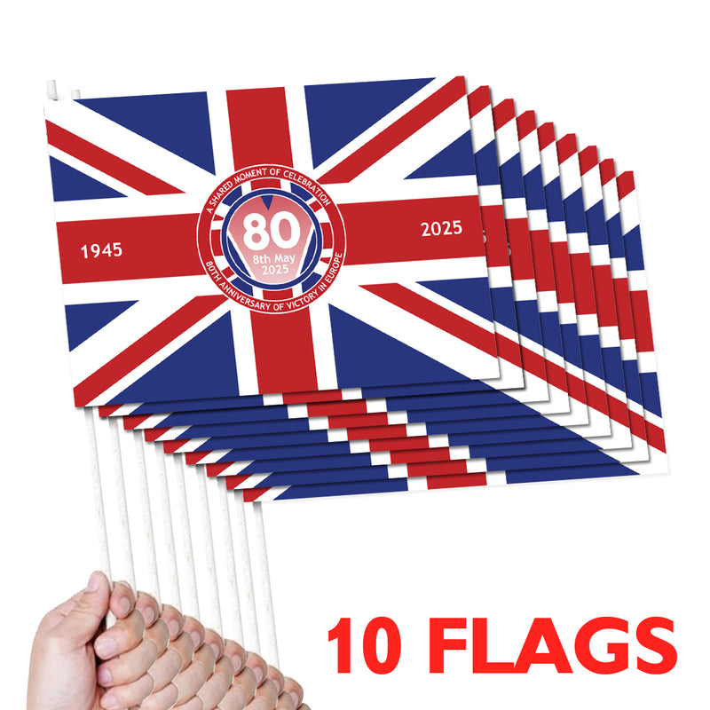 VE Day 80th Anniversary Handwaving Flags Design 1 (Pack of 10) - Special Edition