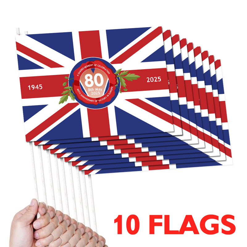 VE Day 80th Anniversary Handwaving Flags Design 2 (Pack of 10) - Special Edition