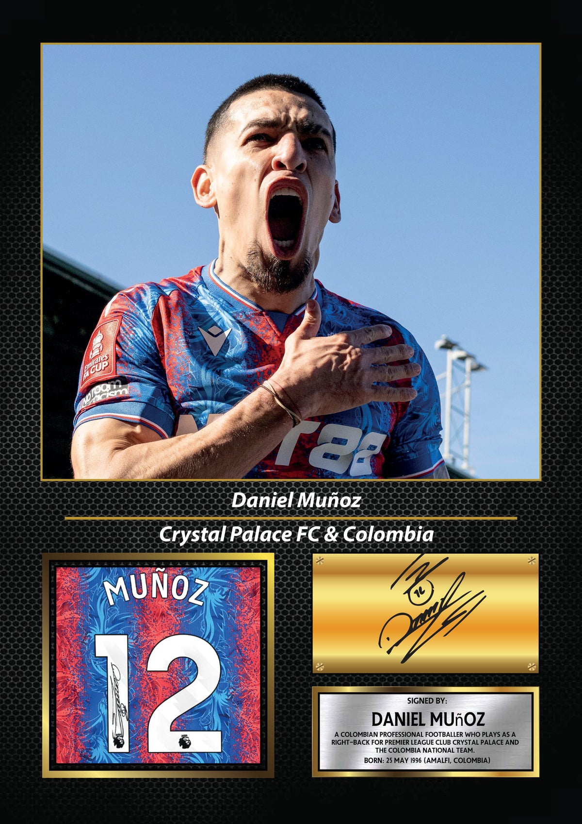 Daniel Muñoz Printed Signature Football Wall Art – Framed Display with Crystal Palace & Colombia Tribute – Collector’s Gift – Daniel Muñoz Printed Signature Football Wall Art