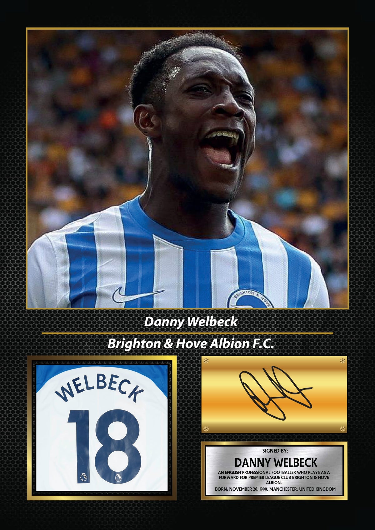 Danny Welbeck Printed Signature Poster – Brighton & Hove Albion FC Striker Tribute Wall Art with Jersey & Bio Plaque – Danny Welbeck Printed Signature Poster