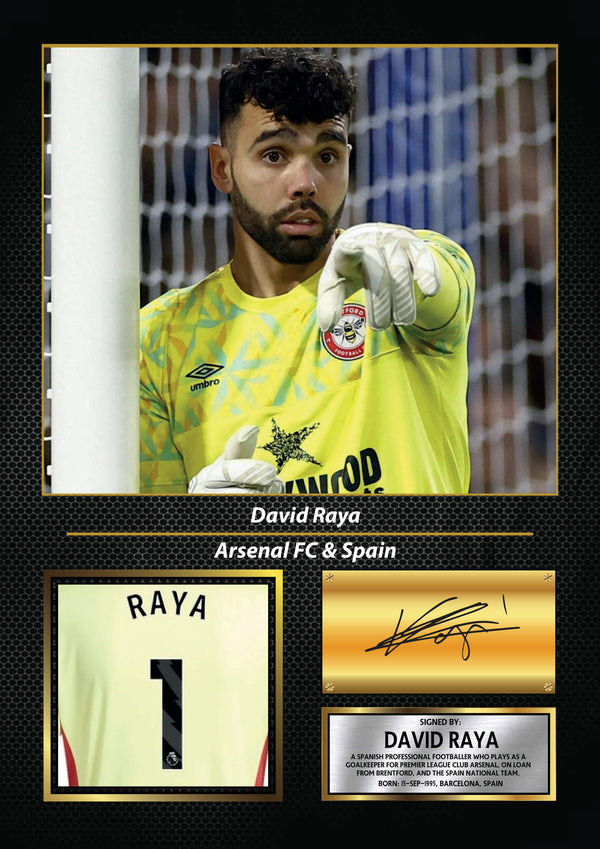 David Raya Printed Signature Poster – Arsenal FC & Spain Goalkeeper Tribute Wall Art with Jersey & Bio Plaque