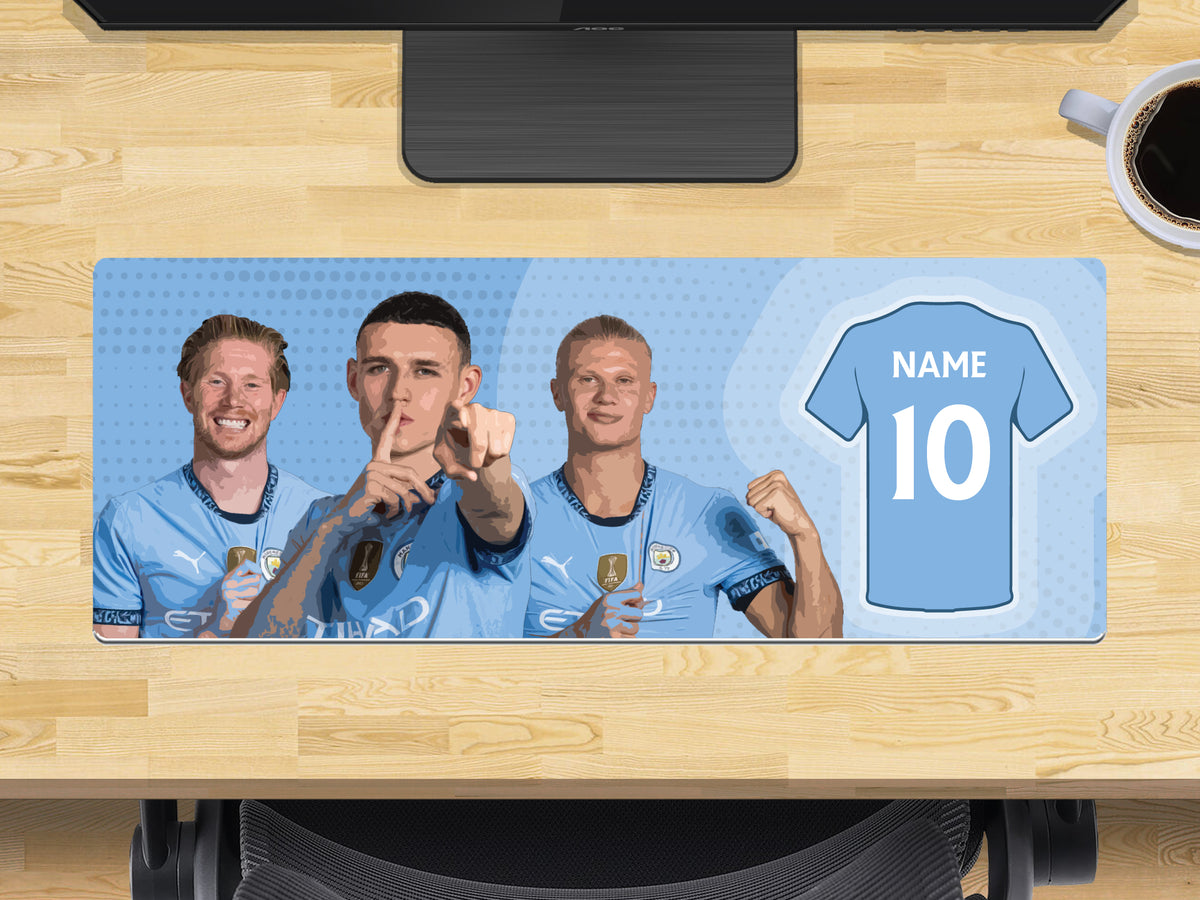 Personalised Man City Extra Large Mouse Mat (800mm x 300mm) - De Bruyne, Foden, Haaland – Personalised Man City Extra Large Mouse Mat 800mm x 300mm - De Bruyne, Foden