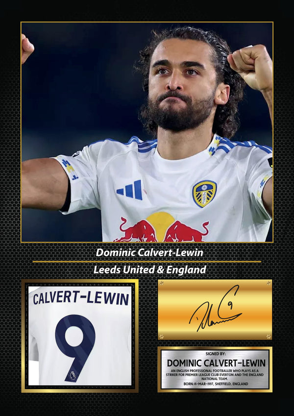 Dominic Calvert-Lewin Printed Signature Poster – Everton FC & England Striker Tribute Wall Art with Jersey & Bio Plaque