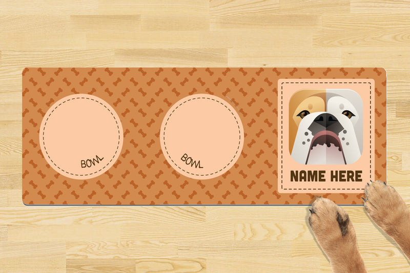 Personalised Dog Breed Dog Bowl Mat (880mm x 300mm)(2 Bowl Design) - ENGLISH BULLDOG