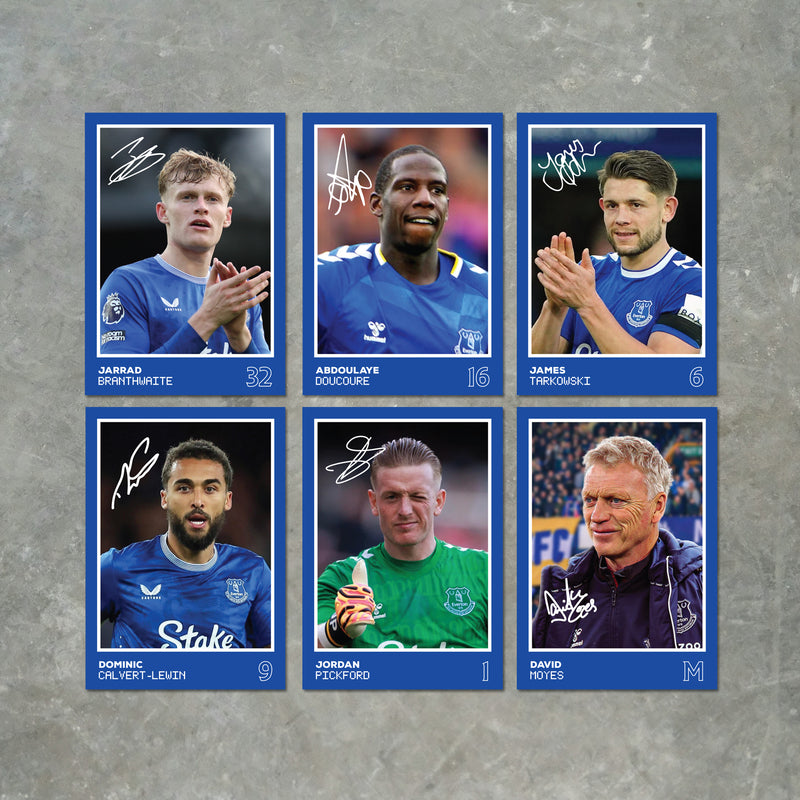 Everton Players SIGNED A6 Poster Pack 2 - 6 Autographed Poster Print Cards (Branthwaite, Doucoure, Calvert-Lewin, Tarkowski, Pickford, Moyes)