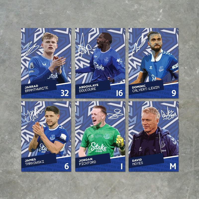 Everton Players SIGNED A6 Poster Pack - 6 Autographed Poster Print Cards (Branthwaite, Doucoure, Calvert-Lewin, Tarkowski, Pickford, Moyes)