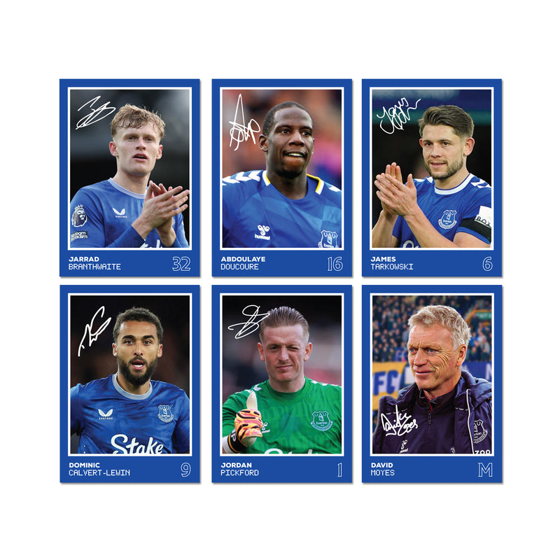 Everton Players SIGNED A6 Poster Pack 2 - 6 Autographed Poster Print Cards (Branthwaite, Doucoure, Calvert-Lewin, Tarkowski, Pickford, Moyes)