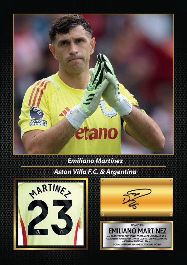 Emiliano Martínez Printed Signature Poster – Aston Villa FC & Argentina Goalkeeper Tribute Wall Art with Jersey & Bio Plaque