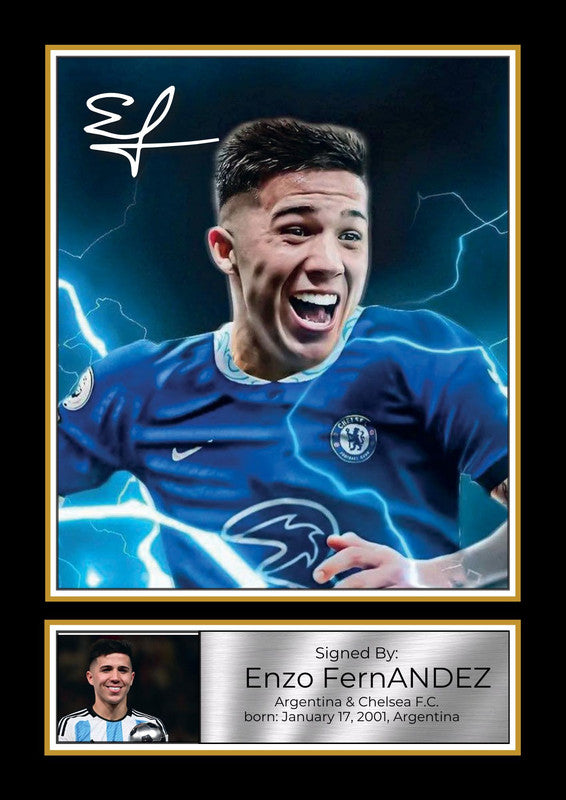 Enzo Fernández Printed Signature Portrait Poster Print – Argentina & Chelsea F.C. Midfielder – Football Wall Art