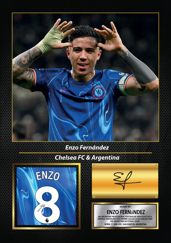 Enzo Fernández Printed Signature Poster – Chelsea FC & Argentina Midfielder Tribute Wall Art with Jersey & Bio Plaque