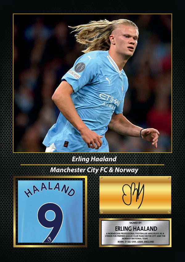 Erling Haaland Printed Signature Poster – Manchester City FC & Norway Striker Tribute Wall Art with Jersey & Bio Plaque – Reproduction Print