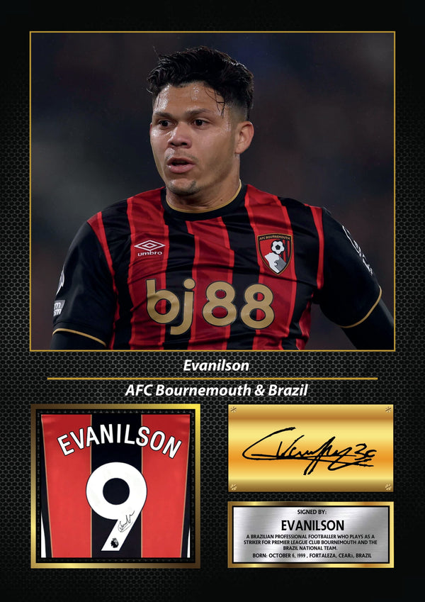 Evanilson Printed Signature Football Wall Art – Framed Display with AFC Bournemouth & Brazil Tribute – Collector’s Gift for Fans