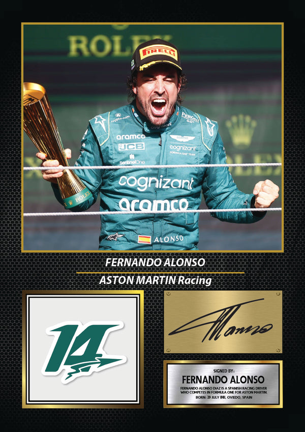 Fernando Alonso Printed Signature Poster Print – Aston Martin F1 Racing Wall Art – Printed Formula One Poster – Motorsport Fan Gift & Bedroom Decor – Reproduction Print