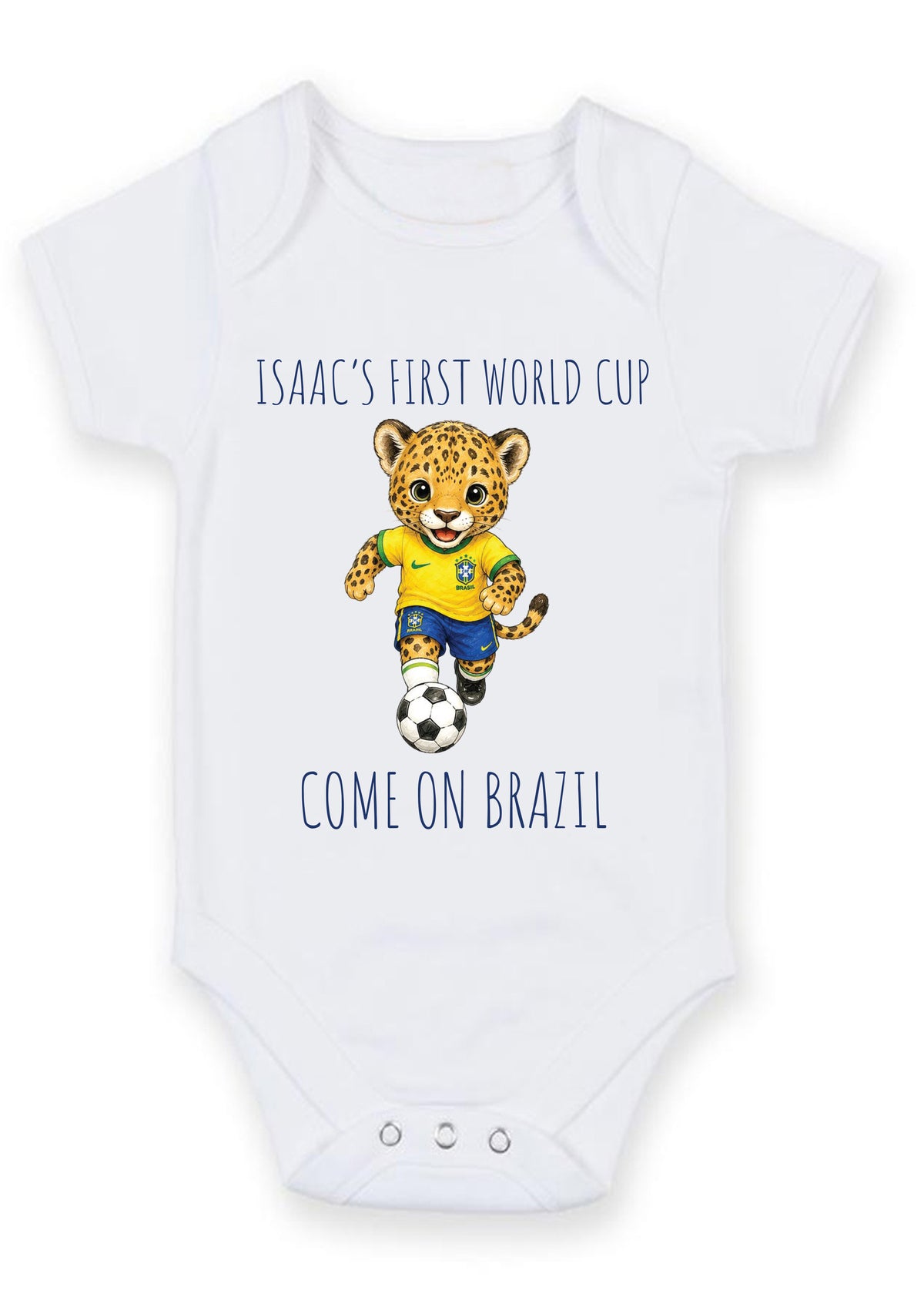 Personalized First World Cup Brazil Baby Grow – Custom Name Football Baby Bodysuit – Come On Brazil Leopard Design – Brazil Supporter Infant Romper – Personalized First World Cup Brazil Baby Grow