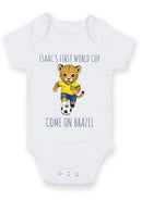 Personalised First World Cup Brazil Baby Grow – Custom Name Football Baby Bodysuit – Come On Brazil Leopard Design – Brazil Supporter Infant Romper – World Cup Baby Gift