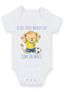Personalized First World Cup Brazil Baby Grow – Custom Name Football Baby Bodysuit – Come On Brazil Lion Design – Brazil Supporter Infant Romper – World Cup Baby Gift