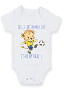 Personalized First World Cup Brazil Baby Grow – Custom Name Football Baby Bodysuit – Come On Brazil Lion Football Design – Brazil Supporter Infant Romper – World Cup Baby Gift