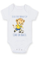 Personalized First World Cup Brazil Baby Grow – Custom Name Football Baby Bodysuit – Come On Brazil Lion Design – Brazil Football Supporter Baby Romper – World Cup Baby Gift for Boys & Girls