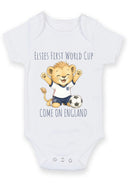 Personalized First World Cup England Baby Grow – Custom Name Lion Football Baby Bodysuit – Come On England Baby Romper – England Football Supporter Outfit – World Cup Baby Gift for Boys & Girls