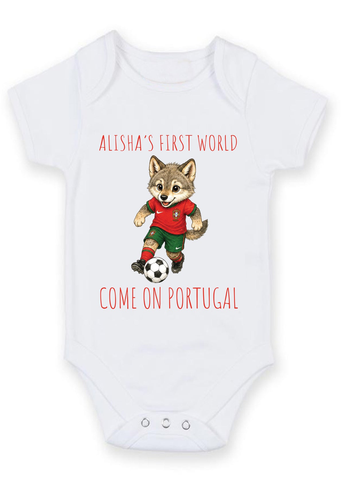 Personalized First World Cup Portugal Baby Grow – Custom Name Portugal Football Baby Bodysuit – Come On Portugal Wolf Design – Personalized First World Cup Portugal Baby Grow