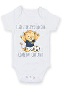 Personalized First World Cup Scotland Baby Grow – Custom Name Scotland Football Baby Bodysuit – Come On Scotland Lion Design – Football Fan Baby Romper – Scotland Supporter Baby Gift